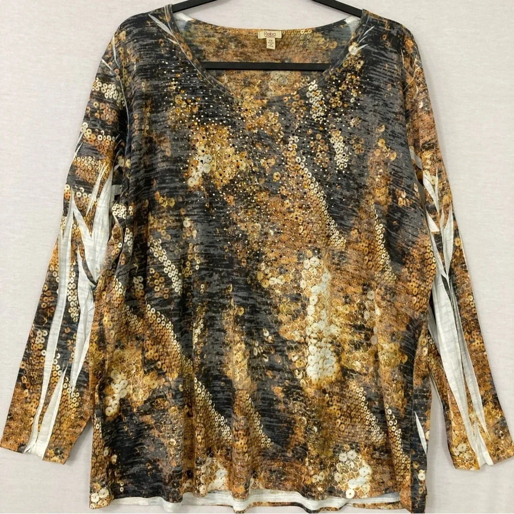 Reba Multi‎ Color Abstract Embellished Round Neck Stretch Pullover Top 2X